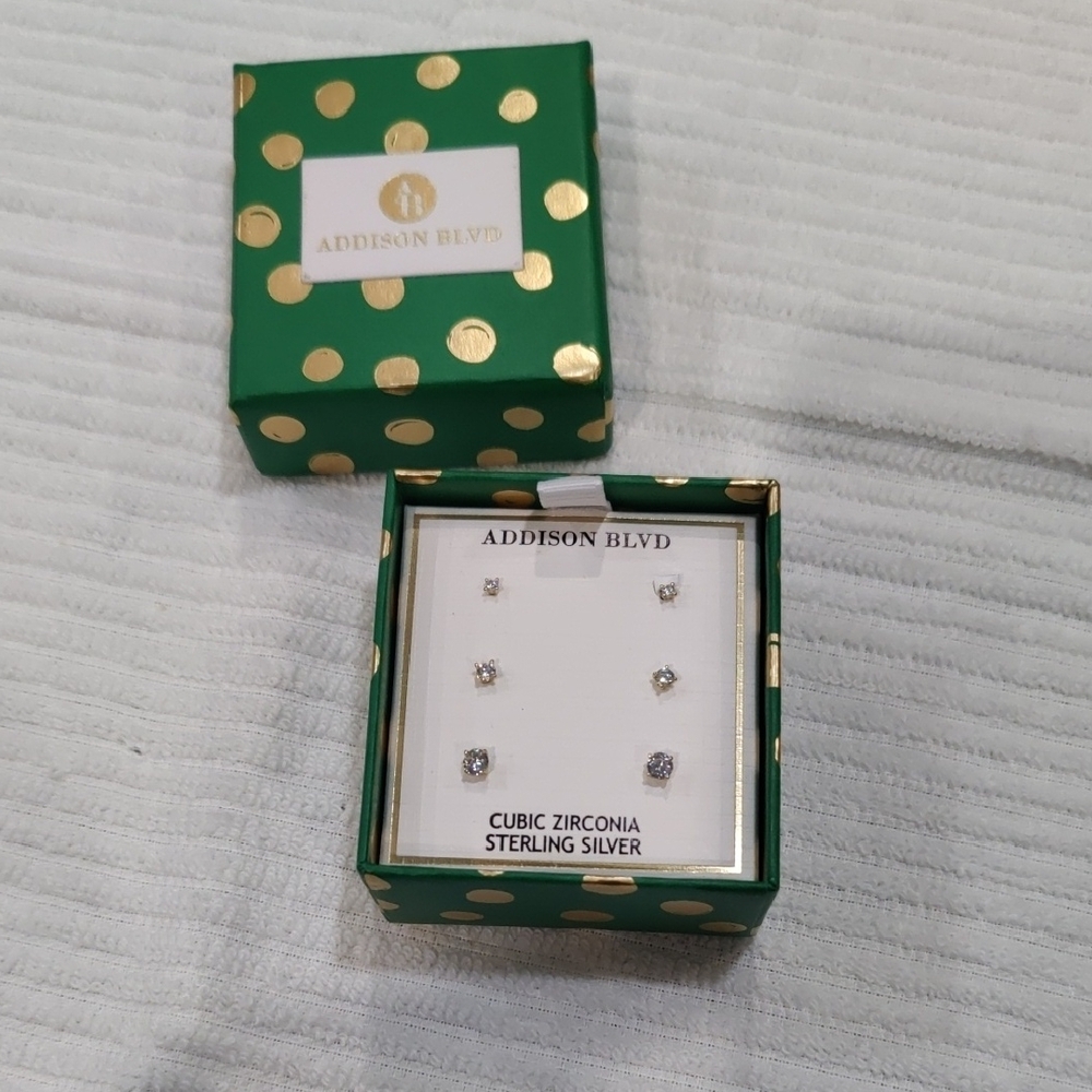 New! Addison Blvd Sterling Silver Cubic Zirconia Set Of 3 Stud Earrings